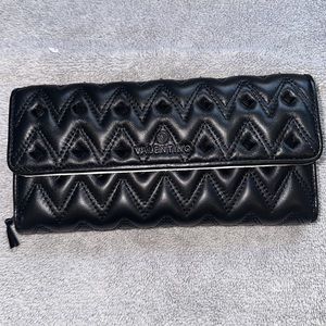 NWT Valentino Julius Studded Flap Chevron Leather Pyramid Black Wallet Purse